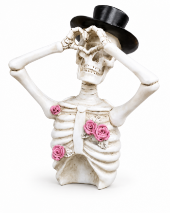 Love Skeleton Figure Wearing Top Hat and Pink Roses