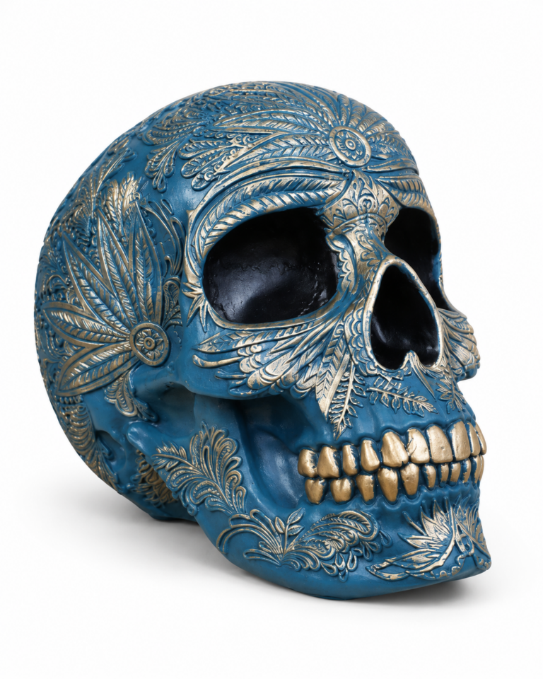 Blue Decorative Skull Ornament with Gold Leaf Detail
