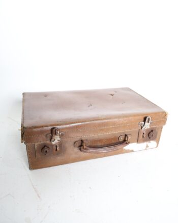 Vintage English Brown Leather Suitcase with Top Secret Patterned Lining