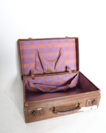 Vintage English Brown Leather Suitcase with Top Secret Patterned Lining