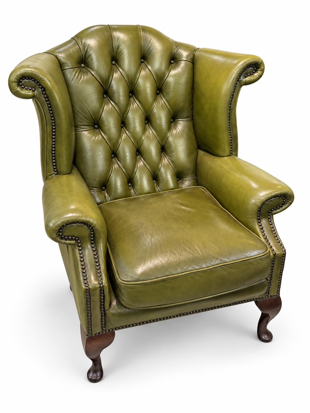 Green Leather Chesterfield Style Wingback Armchair