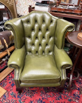 Green Leather Chesterfield Style Wingback Armchair