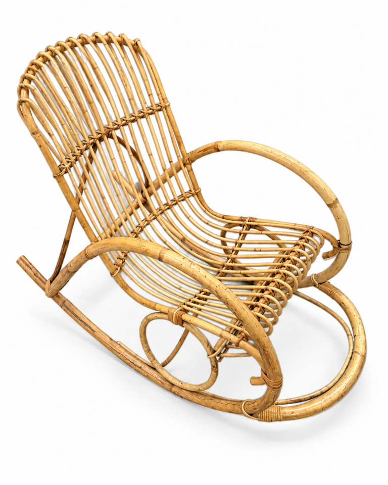 Rattan rocking chair with curved arms and open back