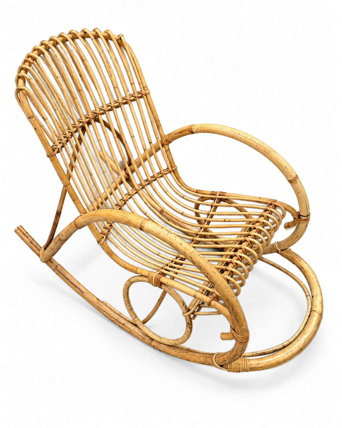Rattan rocking chair with curved arms and open back