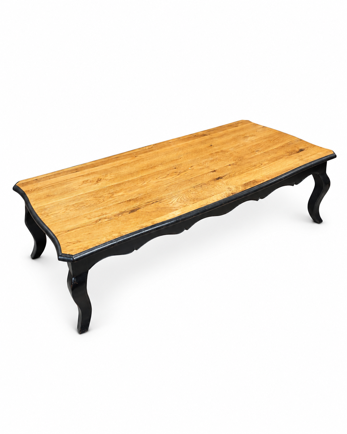 Coffee table with light top and curved black frame