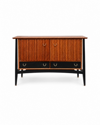 Black-frame cabinet with wood-toned doors and drawers on a white background