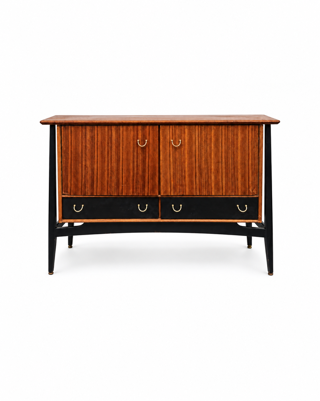 Black-frame cabinet with wood-toned doors and drawers