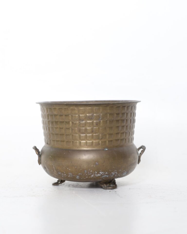 Footed Brass Planter Pot with Embossed Basketweave Pattern