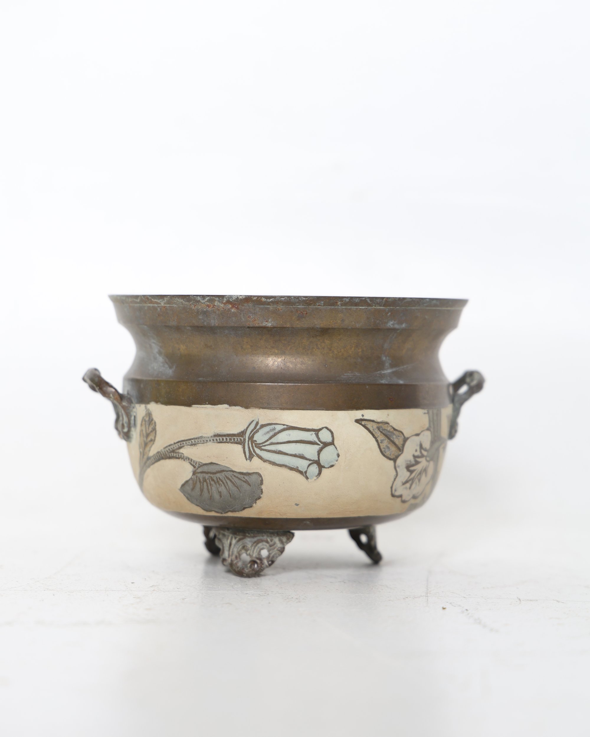 Footed Brass Planter Bowl with Floral Enamel Decoration