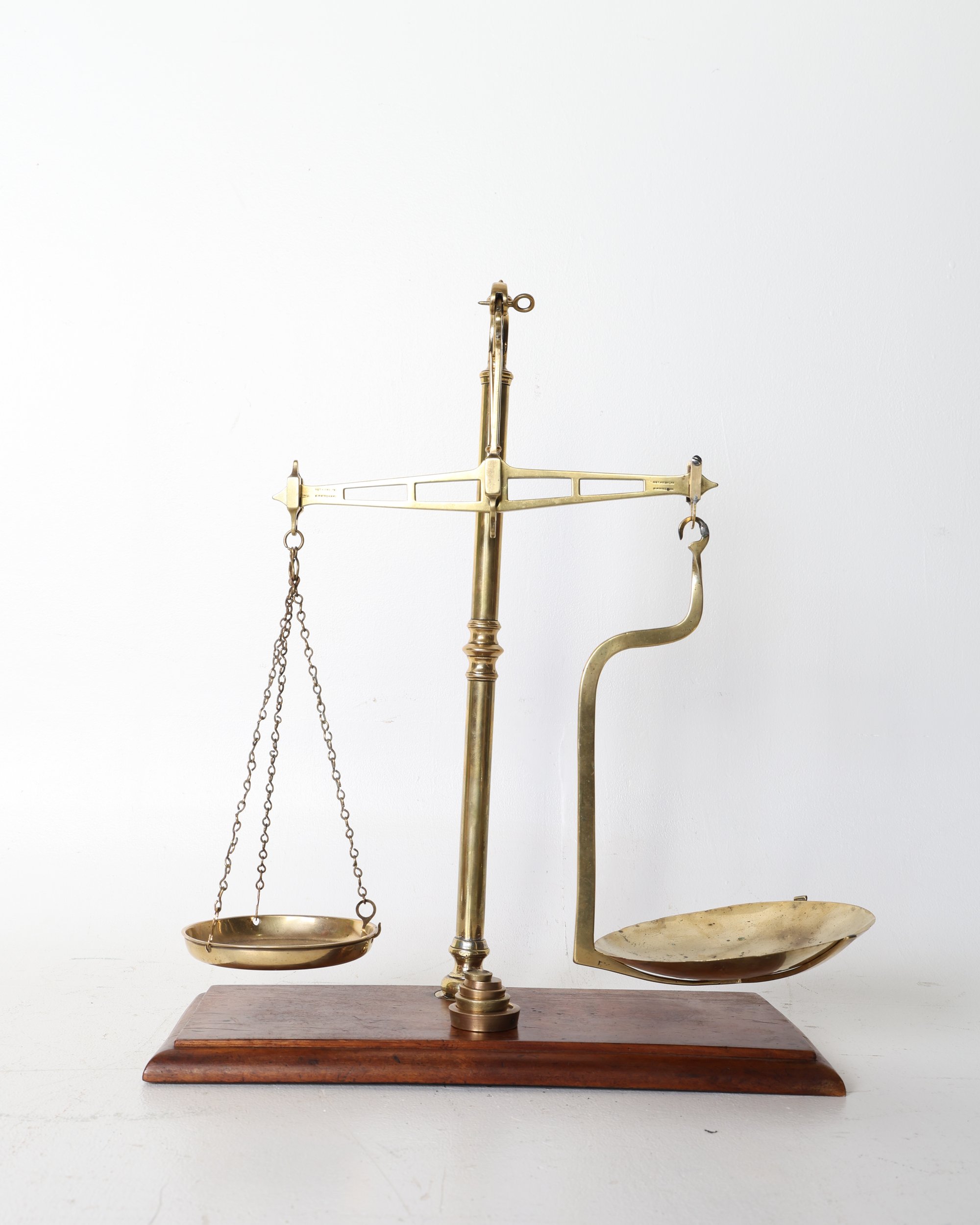 W and T Avery Ltd Brass Balance Scales on Wooden Base