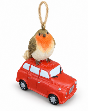 Robin on Red Car Christmas Bauble – 6cm